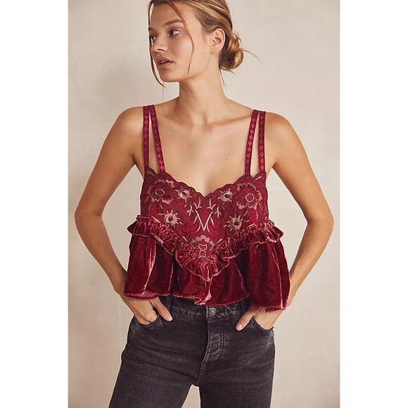Free People Tops - NWT Free People Mia Velvet Embroidered Crop Cami Rouge Combo Red Size Medium